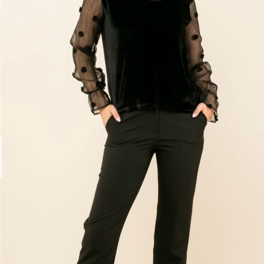 THML Women’s Medium Velvet Turtleneck with Mesh Sleeves Black NWT